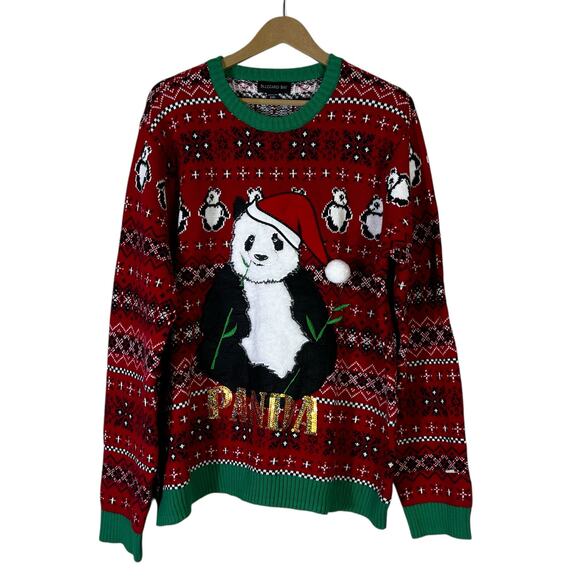 Blizzard Bay Ugly Christmas Sweater Mens XXL Red 100% Cotton Panda Fair Isle - Picture 1 of 6